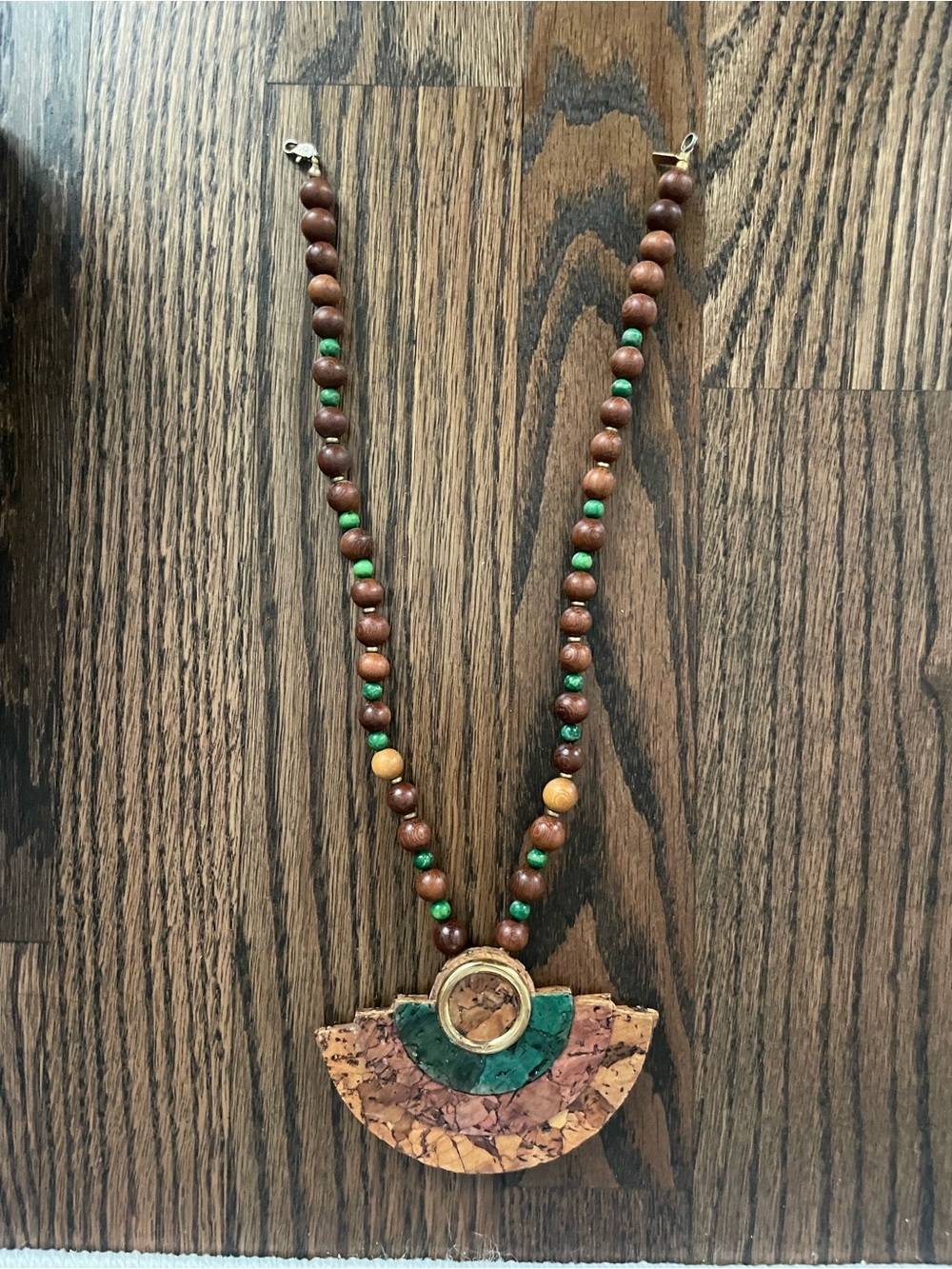 Bohemian Brown and Green Beaded Statement Necklace with Cork Pendant